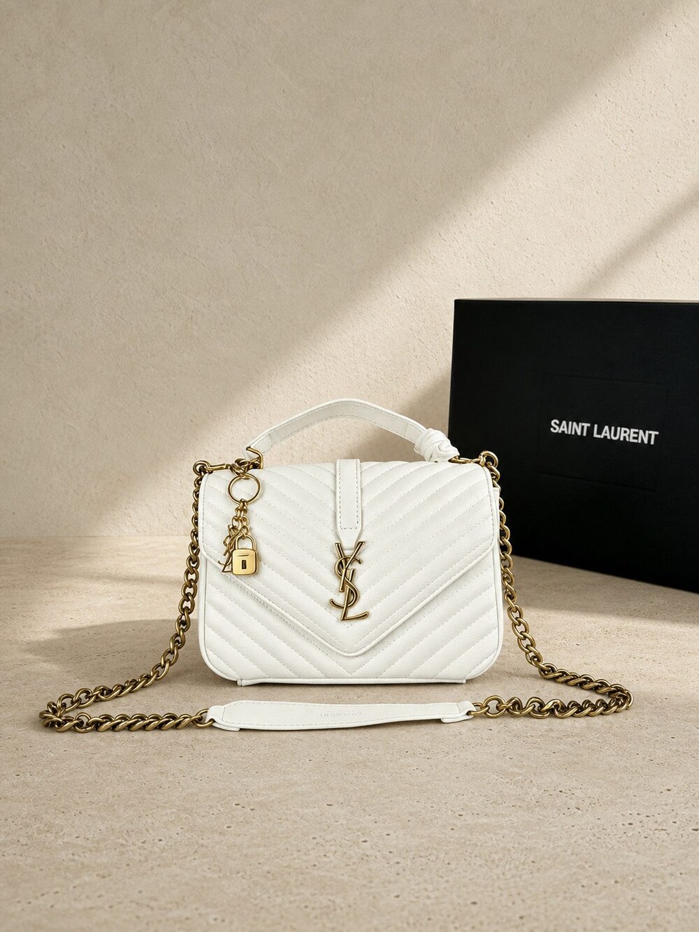 Yves Saint Laurent Medium Crema Handbag with Chevron Calfskin and Gold Chain - Picture 6 of 6